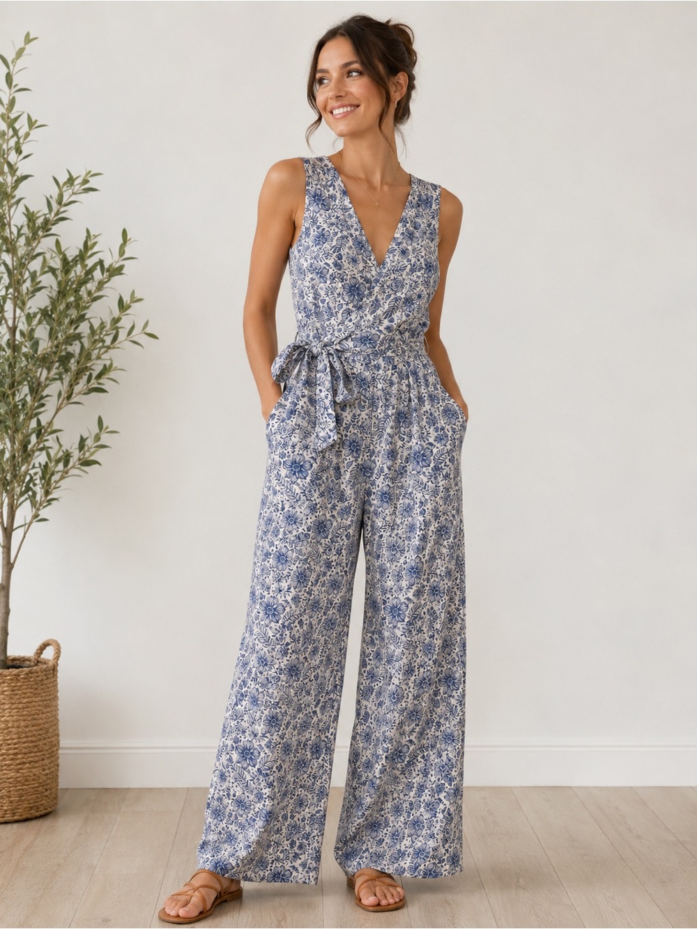 Splendid Blue Floral Wrap Wide-Leg Jumpsuit